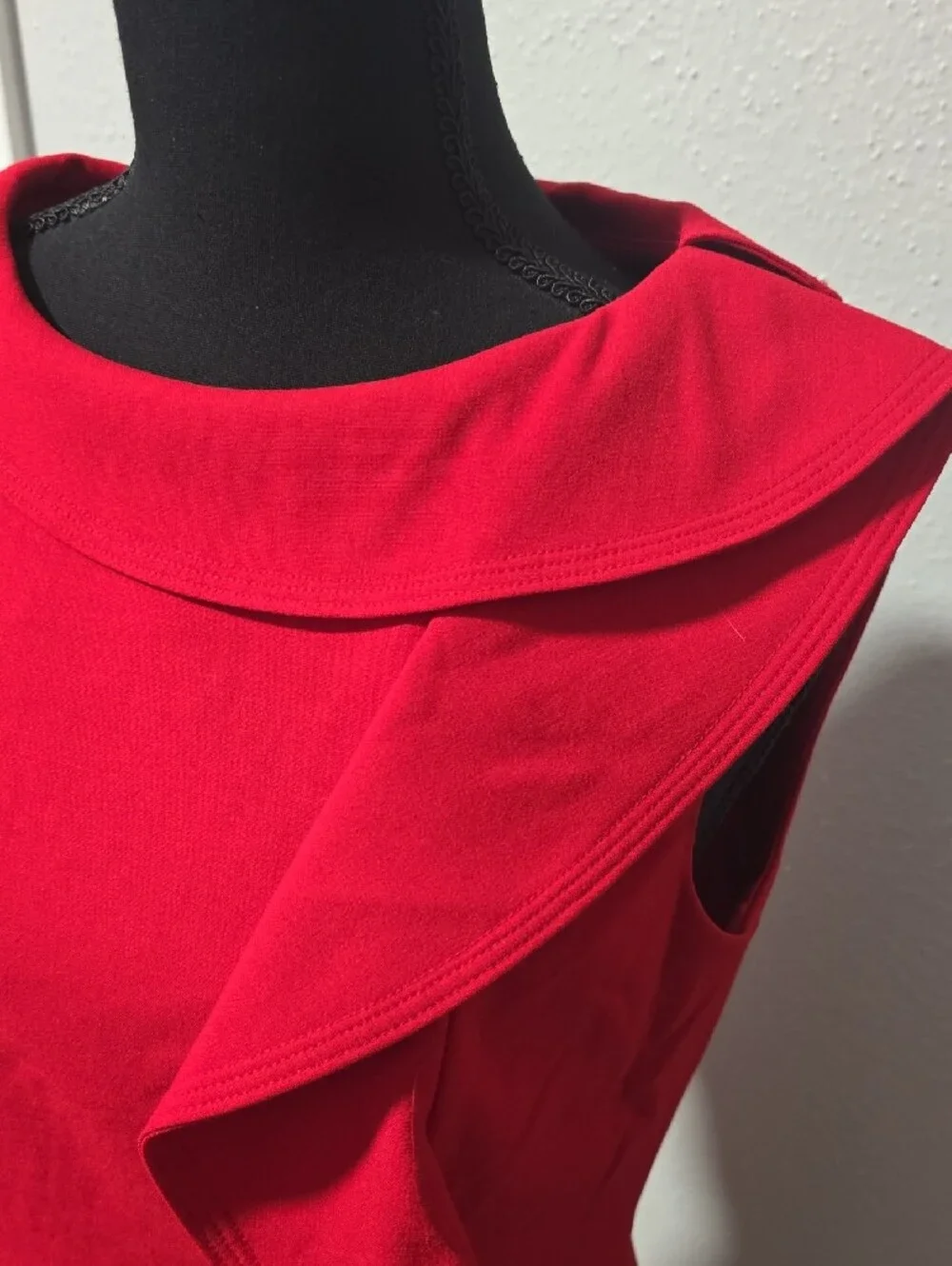 Calvin Klein Red Sleeveless Midi Dress with Asymmetric Ruffle - Picture 2 of 5
